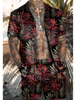 Men's Floral Flamingo 2pcs Shirts Sets Summer Hawaiian Shirt Short Sleeve Short Pants Turndown Tropical Fashion Hawaiian Street Casual Hawaiian Print Summer Spring Black Red Orange