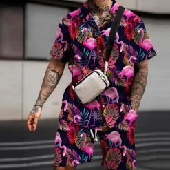 Men's Floral Flamingo Tropical 2pcs Shirts Sets Summer Hawaiian Shirt Short Sleeve Short Pants Turndown Fashion Streetwear Designer Outdoor Street Casual Print Summer Spring Black White Pink
