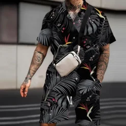 Men's Floral Flamingo Tropical 2pcs Shirts Sets Summer Hawaiian Shirt Short Sleeve Short Pants Turndown Fashion Streetwear Designer Outdoor Street Casual Print Summer Spring Black White Pink