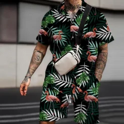 Men's Floral Flamingo Tropical 2pcs Shirts Sets Summer Hawaiian Shirt Short Sleeve Short Pants Turndown Fashion Streetwear Designer Outdoor Street Casual Print Summer Spring Black White Pink