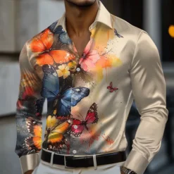 Men's Floral Flower Satin Shirt Dress Shirt Button Up Shirt Long Sleeve Fashion Casual Vacation Evening Party Wedding Party Summer Spring Turndown Collared Shirts 3D Print Khaki