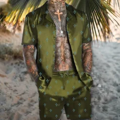 Men's Floral Geometric Pattern 2pcs Shirts Sets Summer Hawaiian Shirt Short Sleeve Short Pants Turndown Tropical Fashion Hawaiian Casual Holiday Beach Print Summer Spring Light Green Red Blue