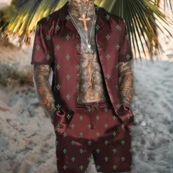 Men's Floral Geometric Pattern 2pcs Shirts Sets Summer Hawaiian Shirt Short Sleeve Short Pants Turndown Tropical Fashion Hawaiian Casual Holiday Beach Print Summer Spring Light Green Red Blue