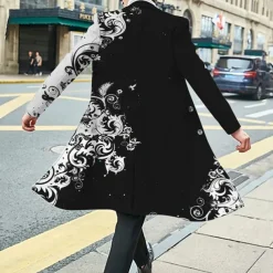 Men's Floral Graphic Prints Winter Coat Overcoat Coat Warm Breathable Comfortable Fashion Streetwear Business Work Wear to work Going out Pocket Print Fall & Winter Turndown Long Sleeve Black White