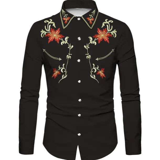 Men's Floral Graphic Prints Shirt Western Shirt Cowboy Shirt Long Sleeve Fashion Designer Casual Outdoor Daily Holiday Fall & Winter Turndown Print Button-Down Black Navy Blue