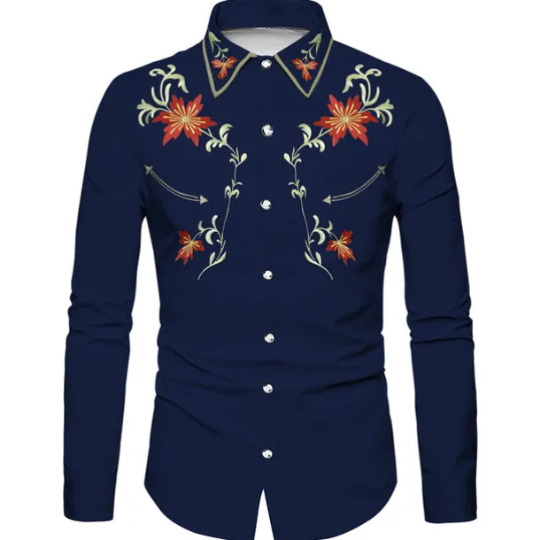 Men's Floral Graphic Prints Shirt Western Shirt Cowboy Shirt Long Sleeve Fashion Designer Casual Outdoor Daily Holiday Fall & Winter Turndown Print Button-Down Black Navy Blue