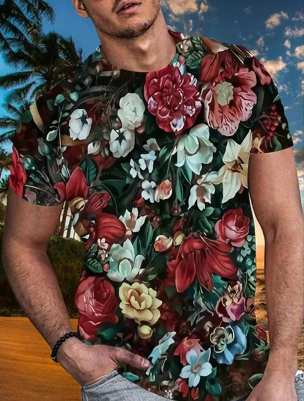 Men's Floral Graphic T shirt Tee Funny T Shirts Short Sleeve T shirt 3D Print Crew Neck Shirt Hawaiian Designer Basic Casual Daily Weekend B C E Summer Clothing Apparel Plus Size S M L XL XXL 3XL 4XL
