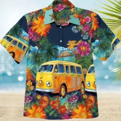 Men's Floral Hippie Bus Shirt Summer Hawaiian Shirt Aloha Shirt Short Sleeves Shirt Turndown Fashion Streetwear Designer Outdoor Street Casual Yellow Navy Blue Blue S M L