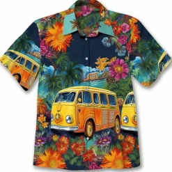 Men's Floral Hippie Bus Shirt Summer Hawaiian Shirt Aloha Shirt Short Sleeves Shirt Turndown Fashion Streetwear Designer Outdoor Street Casual Yellow Navy Blue Blue S M L