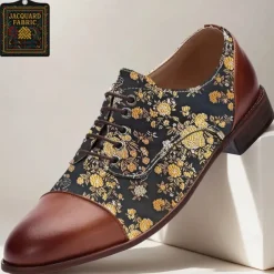 Men's Floral Jacquard Oxford Shoes with Faux Leather Toe Cap and Heel – Vintage Style Dress Shoes for Formal Events