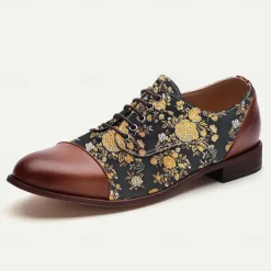 Men's Floral Jacquard Oxford Shoes with Faux Leather Toe Cap and Heel – Vintage Style Dress Shoes for Formal Events