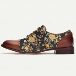 Men's Floral Jacquard Oxford Shoes with Faux Leather Toe Cap and Heel – Vintage Style Dress Shoes for Formal Events