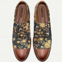 Men's Floral Jacquard Oxford Shoes with Faux Leather Toe Cap and Heel – Vintage Style Dress Shoes for Formal Events