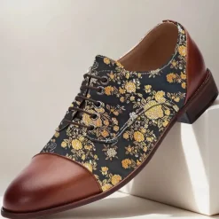 Men's Floral Jacquard Oxford Shoes with Faux Leather Toe Cap and Heel – Vintage Style Dress Shoes for Formal Events