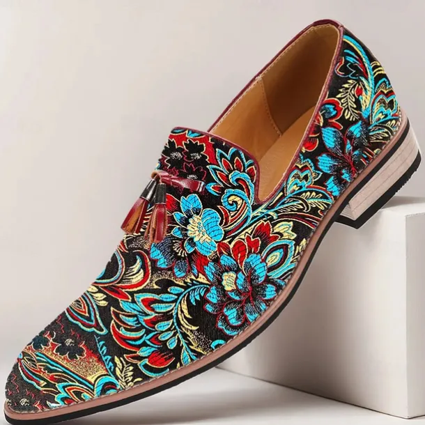 Men's Floral Jacquard Slip-On Loafers - Elegant Embroidered Casual Shoes for Special Occasions and Semi-Formal Events