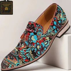 Men's Floral Jacquard Slip-On Loafers - Elegant Embroidered Casual Shoes for Special Occasions and Semi-Formal Events