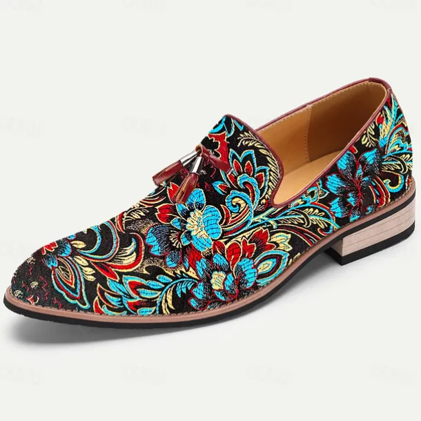 Men's Floral Jacquard Slip-On Loafers - Elegant Embroidered Casual Shoes for Special Occasions and Semi-Formal Events