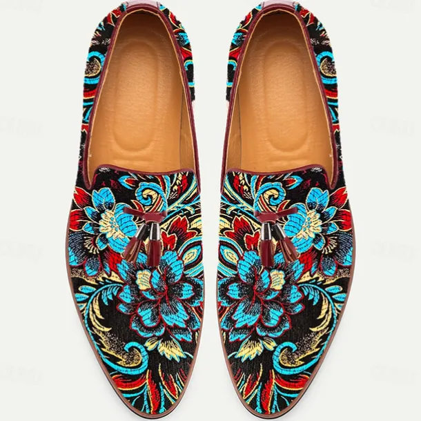 Men's Floral Jacquard Slip-On Loafers - Elegant Embroidered Casual Shoes for Special Occasions and Semi-Formal Events