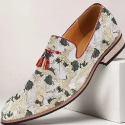 Men's Floral Jacquard Slip-On Loafers with Tassel Detail - Premium Embroidered Shoes for Semi-Formal and Casual Outings