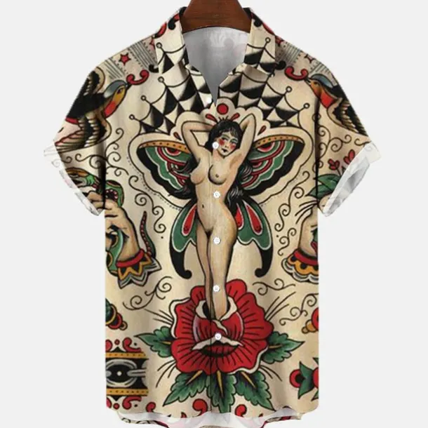 Men's Floral Mermaid Pirate Shirt Summer Hawaiian Shirt Aloha Shirt Short Sleeves Shirt Turndown Vintage Tropical Fashion Street Casual Hawaiian Apricot Black Yellow S M L