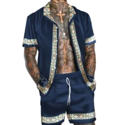 Men's Floral 2pcs Shirts Sets Summer Hawaiian Shirt Short Sleeve Short Pants Turndown Fashion Hawaiian Designer Outdoor Vacation Beach 3D Print Button-Down Summer Spring Black Navy Blue Blue
