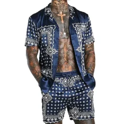 Men's Floral 2pcs Shirts Sets Summer Hawaiian Shirt Short Sleeve Short Pants Turndown Fashion Hawaiian Designer Outdoor Vacation Beach 3D Print Button-Down Summer Spring Black Navy Blue Blue