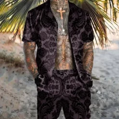 Men's Floral 2pcs Shirts Sets Summer Hawaiian Shirt Short Sleeve Short Pants Turndown Tropical Fashion Hawaiian Casual Holiday Beach Print Summer Spring Black Blue Khaki