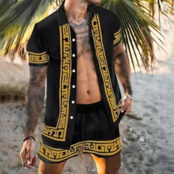 Men's Floral 2pcs Shirts Sets Summer Hawaiian Shirt Short Sleeve Short Pants Turndown Fashion Hawaiian Casual Outdoor Vacation Beach 3D Print Button-Down Summer Spring Gold + Black Black Yellow