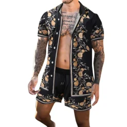 Men's Floral 2pcs Shirts Sets Summer Hawaiian Shirt Short Sleeve Short Pants Turndown Fashion Hawaiian Casual Outdoor Vacation Beach 3D Print Button-Down Summer Spring Gold + Black Black Yellow