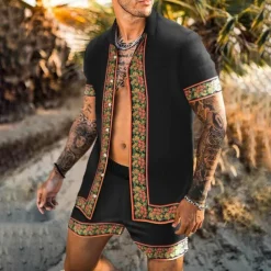 Men's Floral 2pcs Shirts Sets Summer Hawaiian Shirt Short Sleeve Short Pants Turndown Fashion Hawaiian Casual Outdoor Vacation Beach 3D Print Button-Down Summer Spring Gold + Black Black Yellow