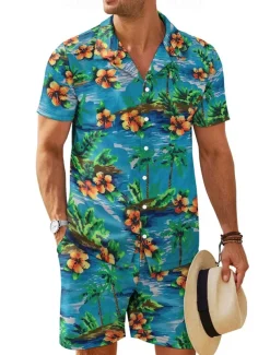 Men's Floral 2pcs Shirts Sets Summer Tops Short Sleeve Short Pants Turndown Vacation Home Casual Daily 3D Print Summer Robin's Egg Blue Light Green Green
