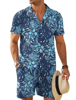 Men's Floral 2pcs Shirts Sets Shirt Short Sleeve Short Pants Cuban Collar Vacation Casual Daily Vacation Wear 3D Print Summer Robin's Egg Blue Green Brown