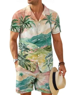 Men's Floral 2pcs Shirts Sets Shirt Short Sleeve Short Pants Cuban Collar Vacation Casual Daily Vacation Wear 3D Print Summer Robin's Egg Blue Green Brown