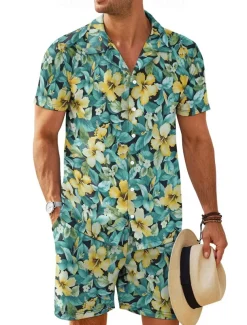 Men's Floral 2pcs Shirts Sets Shirt Short Sleeve Short Pants Cuban Collar Vacation Casual Daily Vacation Wear 3D Print Summer Robin's Egg Blue Green Brown