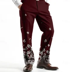 Men's Floral Print Dress Pants Trousers Mid Waist Business Casual Wedding Holiday Dads Day Gifts Straight Leg Trousers Flat-Front Summer Spring Fall 3D Print Black Wine Blue