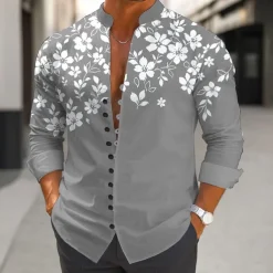 Men's Floral Print Flowers Shirt Stand Collar Shirt Long Sleeve Casual Vacation Daily Wear Going out Spring Fall Mandarin Collar Band Collar Button-Down Linen Like Shirt Wine Dark Green Dark Blue Gray