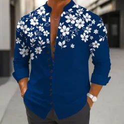Men's Floral Print Flowers Shirt Stand Collar Shirt Long Sleeve Casual Vacation Daily Wear Going out Spring Fall Mandarin Collar Band Collar Button-Down Linen Like Shirt Wine Dark Green Dark Blue Gray