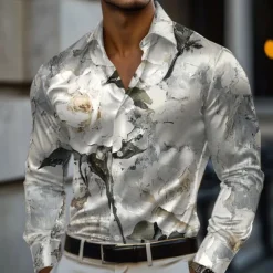 Men's Floral Print Flowers Satin Shirt Dress Shirt Button Up Shirt Long Sleeve Fashion Casual Vacation Evening Party Wedding Party Summer Spring Turndown Collared Shirts 3D Print Gray