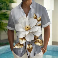 Men's Floral Print Lily Flowers Summer Hawaiian Shirt Button Up Shirt Aloha Shirt Short Sleeve Hawaiian Holiday Beach Wear Summer Spring Turndown 3D Print Collared Shirts Front One Pocket Light Blue