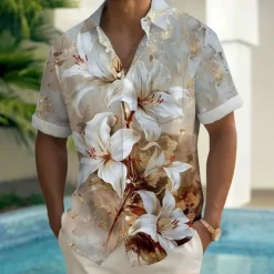 Men's Floral Print Lily Flowers Summer Hawaiian Shirt Button Up Shirt Aloha Shirt Short Sleeve Hawaiian Holiday Beach Wear Summer Spring Turndown 3D Print Collared Shirts Front One Pocket Light Blue