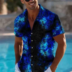 Men's Floral Print Neon Glow Flowers Summer Hawaiian Shirt Button Up Shirt Aloha Shirt Short Sleeve Hawaiian Vacation Beach Wear Summer Spring Turndown 3D Print Collared Shirts Black 1 Black