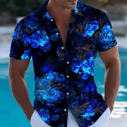 Men's Floral Print Neon Glow Flowers Summer Hawaiian Shirt Button Up Shirt Aloha Shirt Short Sleeve Hawaiian Vacation Beach Wear Summer Spring Turndown 3D Print Collared Shirts Black 1 Black