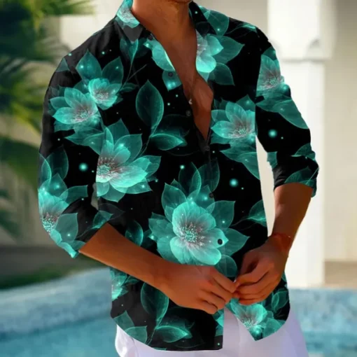 Men's Floral Print Neon Glow Flowers Shirt Button Up Shirt Long Sleeve Fashion Casual Holiday Streetwear Summer Spring Turndown 3D Print Collared Shirts Light Green Blue Purple Green