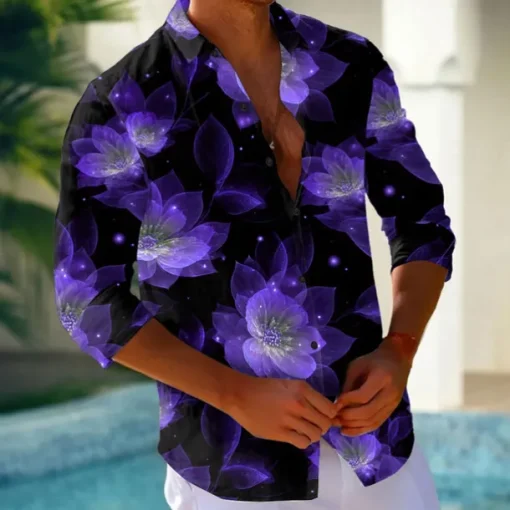 Men's Floral Print Neon Glow Flowers Shirt Button Up Shirt Long Sleeve Fashion Casual Holiday Streetwear Summer Spring Turndown 3D Print Collared Shirts Light Green Blue Purple Green