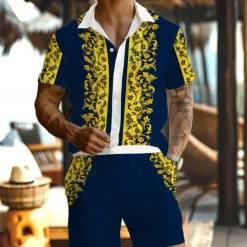 Men's Floral Print 2pcs Shirts Sets Summer Hawaiian Shirt Short Sleeve Short Pants Turndown Vacation Hawaiian Outdoor Hawaiian Holiday Buttons Pocket Print Summer All Seasons Yellow Green