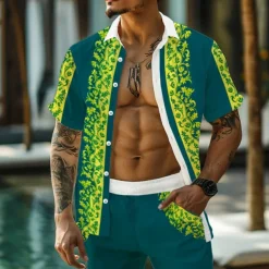 Men's Floral Print 2pcs Shirts Sets Summer Hawaiian Shirt Short Sleeve Short Pants Turndown Vacation Hawaiian Outdoor Hawaiian Holiday Buttons Pocket Print Summer All Seasons Yellow Green