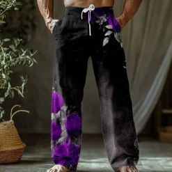 Men's Floral Print Rose Flowers Trousers Baggy Pants Casual Pants Mid Waist Retro Vintage Outdoor Vacation Holiday Side Pockets Elastic Waist Wide Leg Summer Spring 3D Print Red Blue Purple