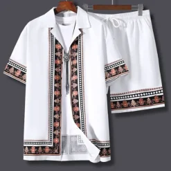 Men's Floral Print Totem Ethnic 2pcs Shirts Sets Summer Hawaiian Shirt Short Sleeve Short Pants Cuban Collar Fashion Streetwear Hawaiian Outdoor Street Daily Print Summer Spring White