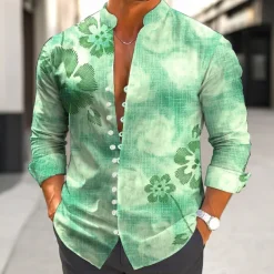 Men's Floral Print Tropical Flowers Shirt Aloha Shirt Stand Collar Shirt Long Sleeve Hawaiian Vacation Daily Wear Going out Spring Fall Mandarin Collar Band Collar Button-Down Linen Like Shirt Blue