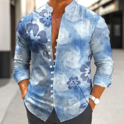 Men's Floral Print Tropical Flowers Shirt Aloha Shirt Stand Collar Shirt Long Sleeve Hawaiian Vacation Daily Wear Going out Spring Fall Mandarin Collar Band Collar Button-Down Linen Like Shirt Blue
